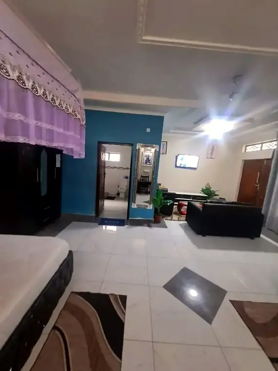 One large room with a canopy bed, black sofas, a wall TV and the bathroom door